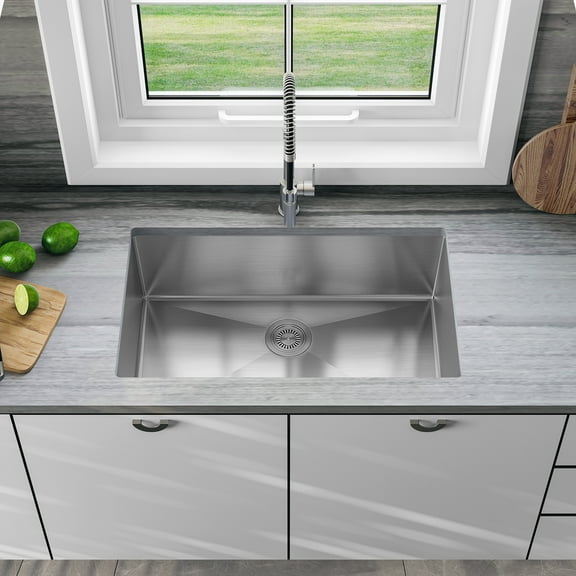 Sinber 32" Undermount 16 Gauge Satin Finish Single Bowl 304 Stainless Steel Kitchen Sink