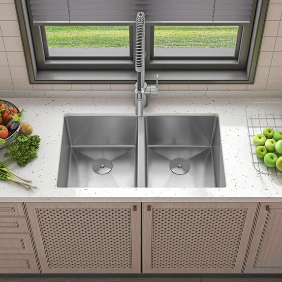 Sinber 32" x 19" x 10" Undermount Double Bowl Kitchen Sink with 16 Gauge 304 Stainless Steel Satin Finish HU3219D-16G-S (Sink Only)