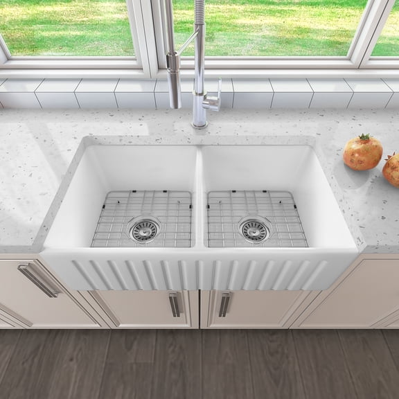 Sinber 33" x 18" White Finish Ceramic Double Bowl Apron Farmhouse Kitchen Sink With Strainer and Grill