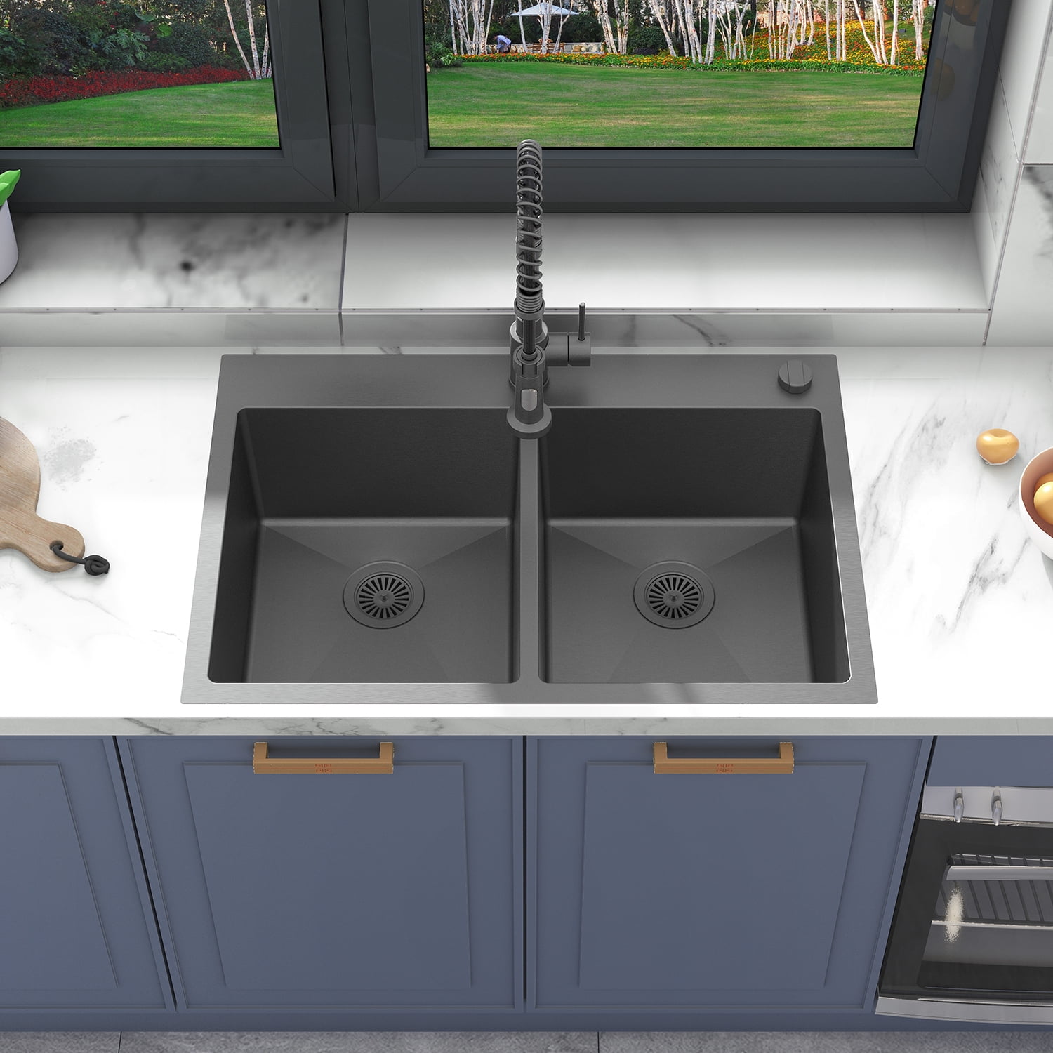 33'' Black Stainless Steel Double Bowl Drop-In Kitchen Sink