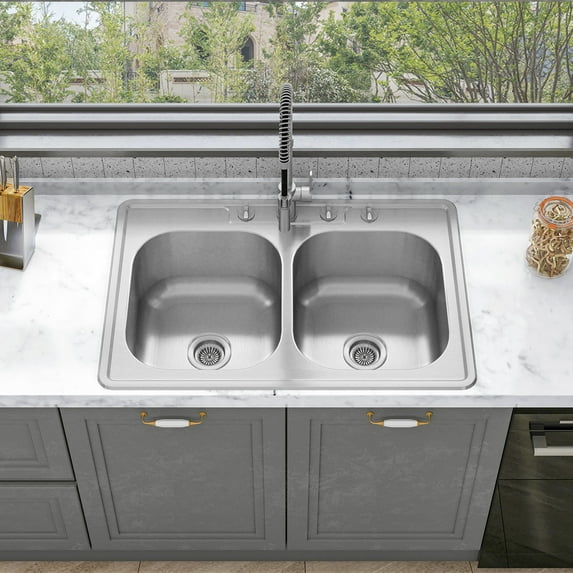Sinber 33" x 22" x 9" Drop In Double Bowl Kitchen Sink with 18 Gauge 304 Stainless Steel Satin Finish MT3322D-OL (Sink Only)