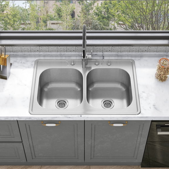Sinber 33" x 22" x 9" Drop In Double Bowl Kitchen Sink with 18 Gauge 304 Stainless Steel Satin Finish MT3322D-OL (Sink Only)