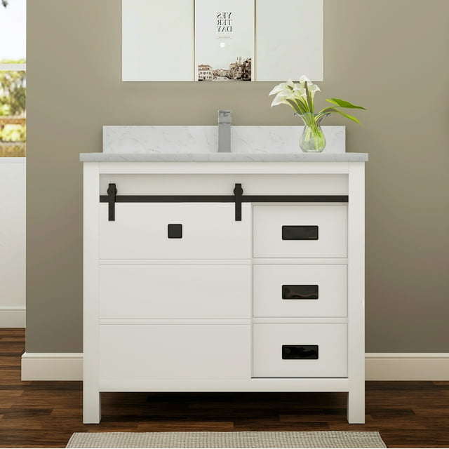 Sinber 36 Inch Rectangular Sink White Bathroom Vanity Cabinet with ...
