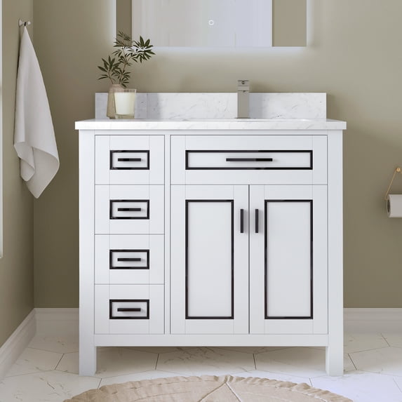 Sinber 36 Inch Rectangular Sink White Bathroom Vanity Cabinet with Carrara White Marble Countertop | 1 Soft Closing Doors and 4 Full Extension Dovetail Cabinet Drawer
