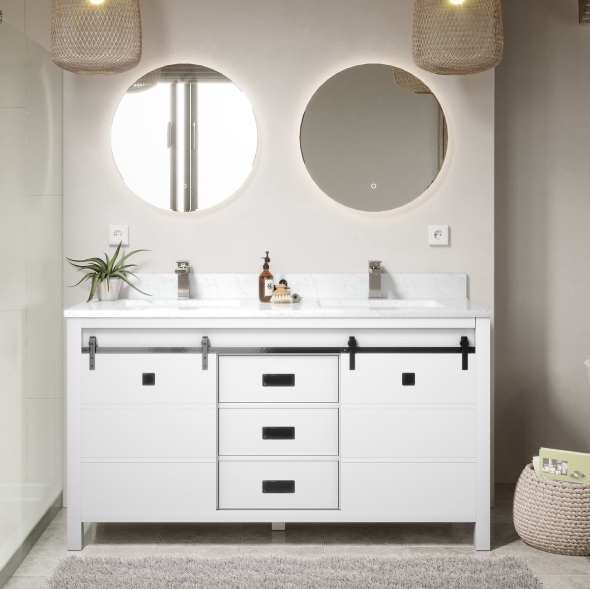 Sinber 60 Inch Rectangular Sink White Bathroom Vanity Cabinet with ...