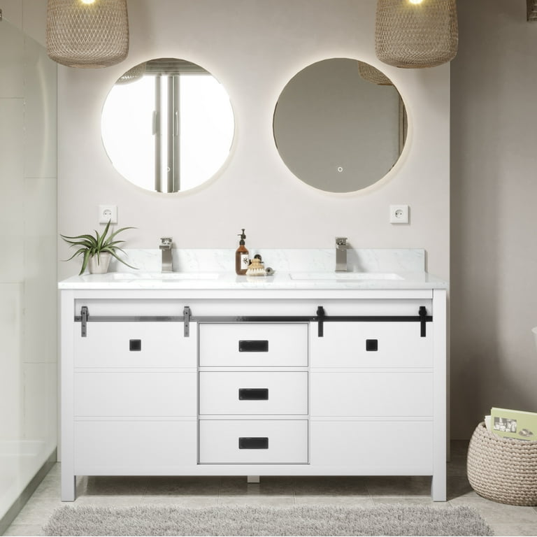 Sinber 60 Inch Rectangular Sink White Bathroom Vanity Cabinet with