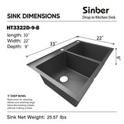 Sinber  Drop in Double Bowl 304 Stainless Steel Kitchen Sink 33" x 22" x 9"(Sink Only) - Black