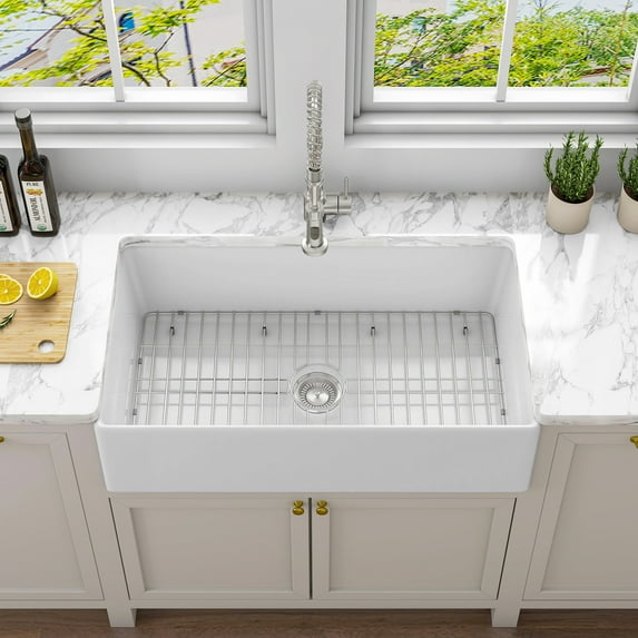 Sinber Farmhouse Apron Single Bowl Kitchen Sink with Fireclay 2 Accessories