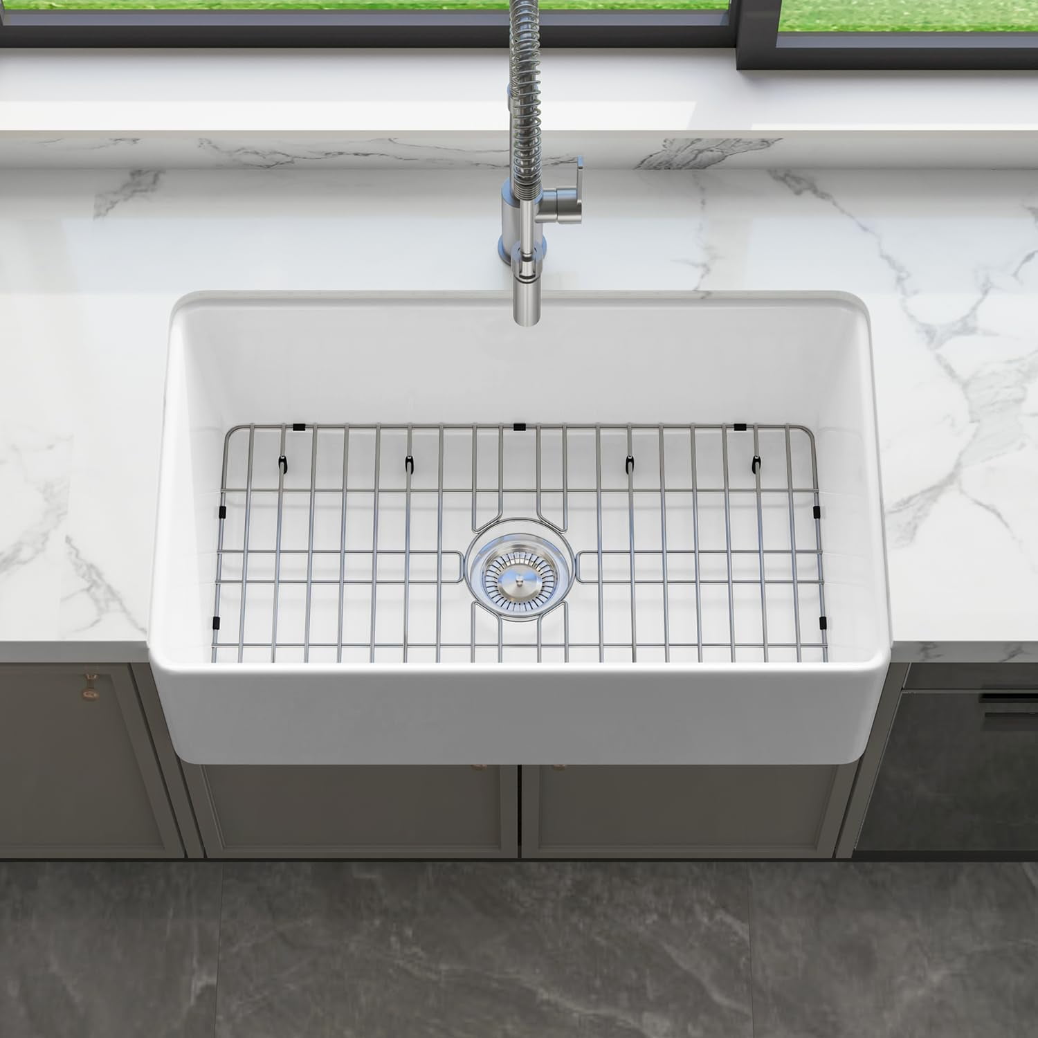 Sinber 30" White Fireclay Farmhouse Apron Kitchen Sink with Drainboard