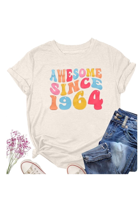 Since 1964 Women's Fashion Short Sleeve T Shirt Classic Vintage Graphic Tee Blank Women Small Long Sleeve Shirt Layering Tees for Women Long Sleeve Shirts Women Casual Summer Womens Solid Color Top