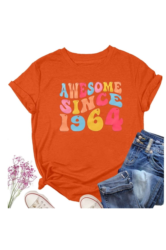 Since 1964 Women's Fashion Short Sleeve T Shirt Classic Vintage Graphic Tee Blank Women Small Long Sleeve Shirt Layering Tees for Women Long Sleeve Shirts Women Casual Summer Womens Solid Color Top
