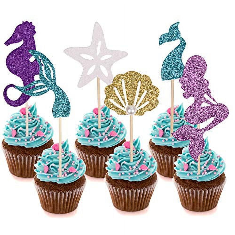 Since1989 24 Pcs Glitter Mermaid Cupcake Toppers, Mermaid Party