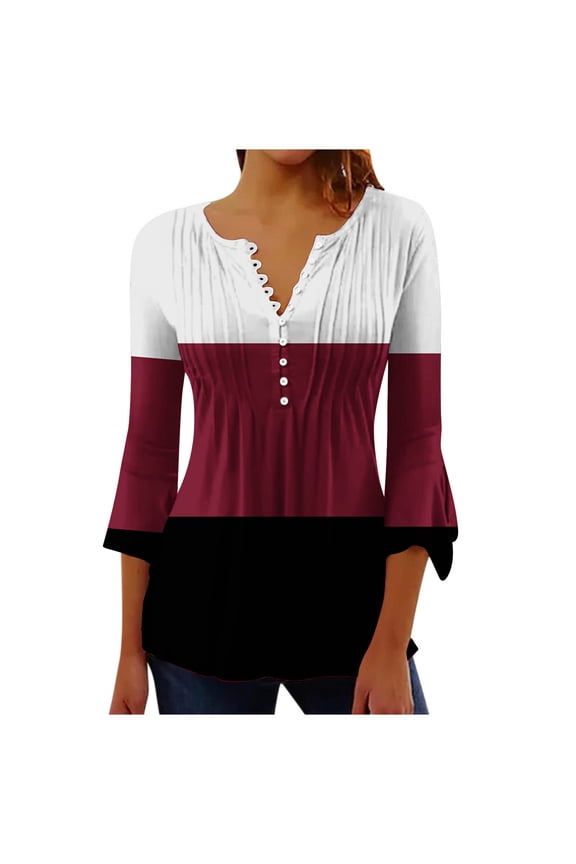 3/4 Sleeve Tops for Women Plus Size Summer Tee Shirt Graphic Print Shirt Blouse V Neck Tunic Top Womens Casual Printing Shirts Three Quarter Sleeve V Neck Button T-Shirt Blouse Wine XL