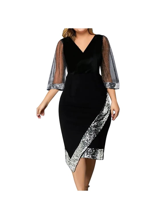 Formal Dress Plus Size Cocktail Dresses Womens Women Casual V-Neck Irregular Sequin Mesh Half Sleeve Dress Evening Dresses Black 4XL