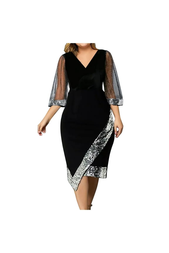 Formal Dress Plus Size Cocktail Dresses Womens Women Casual V-Neck Irregular Sequin Mesh Half Sleeve Dress Evening Dresses Black L