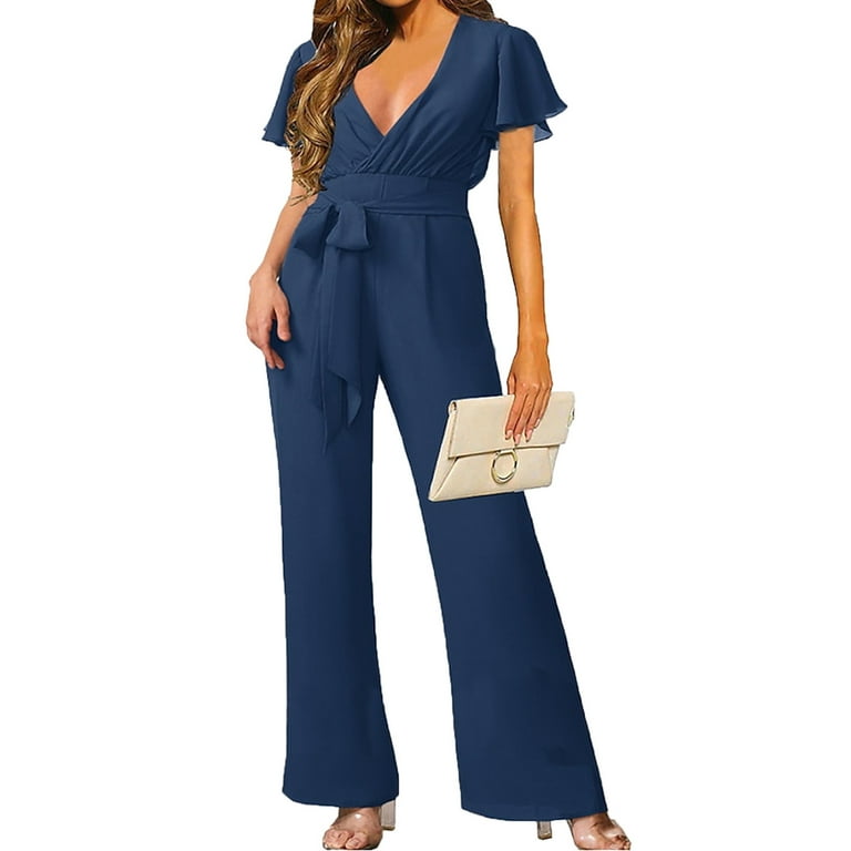 SincereX Jumpsuits Plus Size Ladies Plain Jumpsuits Women Color Strappy Straight Pants V Neck Short Sleeved Jumpsuit Navy XL Walmart