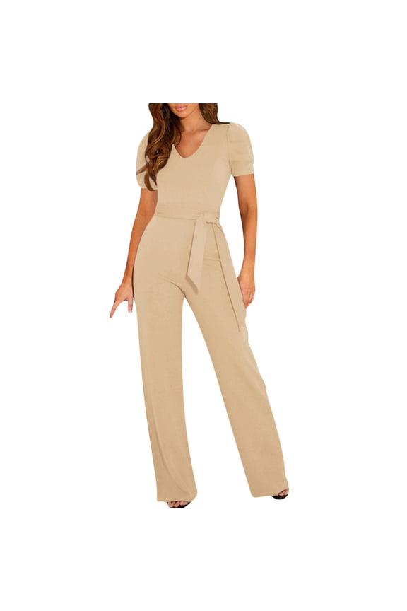 Jumpsuits Womens Plus Size Plain Jumpsuits Ladies Women Strappy Waist Up Short Sleeved Jumpsuit with V-Neck Wide Leg Pants Beige XXL