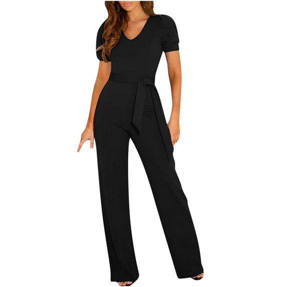 SincereX Jumpsuits Womens Plus Size Plain Jumpsuits Ladies Women Strappy Waist Up Short Sleeved Jumpsuit with V-Neck Wide Leg Pants Black 3XL