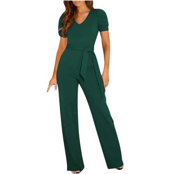 SincereX Jumpsuits Womens Plus Size Plain Jumpsuits Ladies Women Strappy Waist Up Short Sleeved Jumpsuit with V-Neck Wide Leg Pants Green XXL