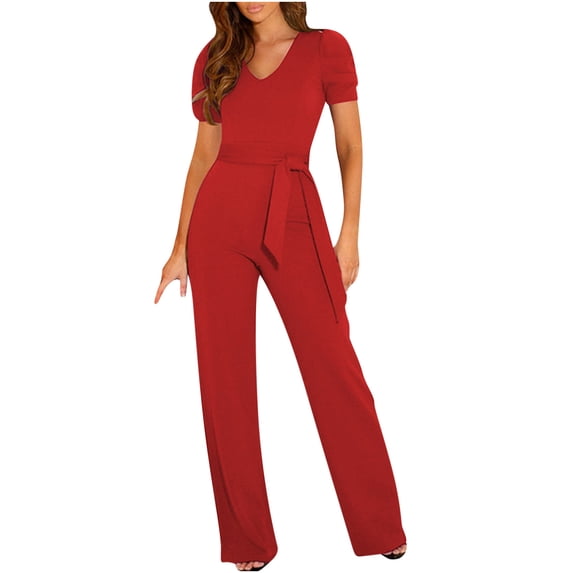 SincereX Jumpsuits Womens Plus Size Plain Jumpsuits Ladies Women Strappy Waist Up Short Sleeved Jumpsuit with V-Neck Wide Leg Pants Red XL