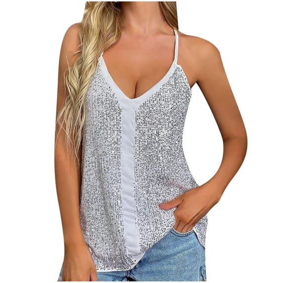 SincereX Ladies Cami Top Women Tops Summer Sleeveless Tees Fashion Women's Sequin Embellished Deep V-Neck Strap Cami Tanks Vest Party Casual Going Out Tank Top Gray S