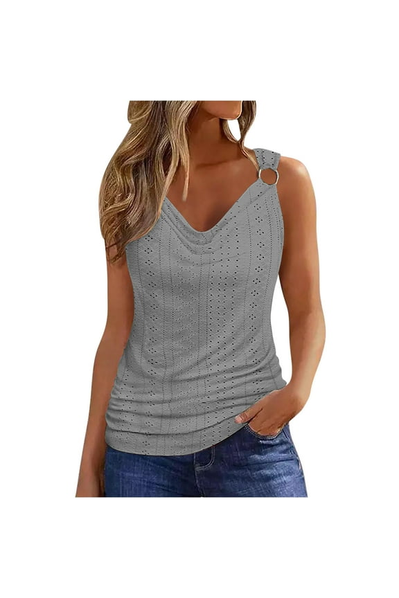 Ladies Tanks Dressy Ladies Summer Tank Top Eyelet Tank Tops Sleeveless Shirt Women's Casual Summer Solid V-Neck Sleeveless Tanks Top Gray M