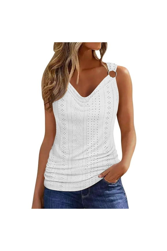 Ladies Tanks Dressy Ladies Summer Tank Top Eyelet Tank Tops Sleeveless Shirt Women's Casual Summer Solid V-Neck Sleeveless Tanks Top White M