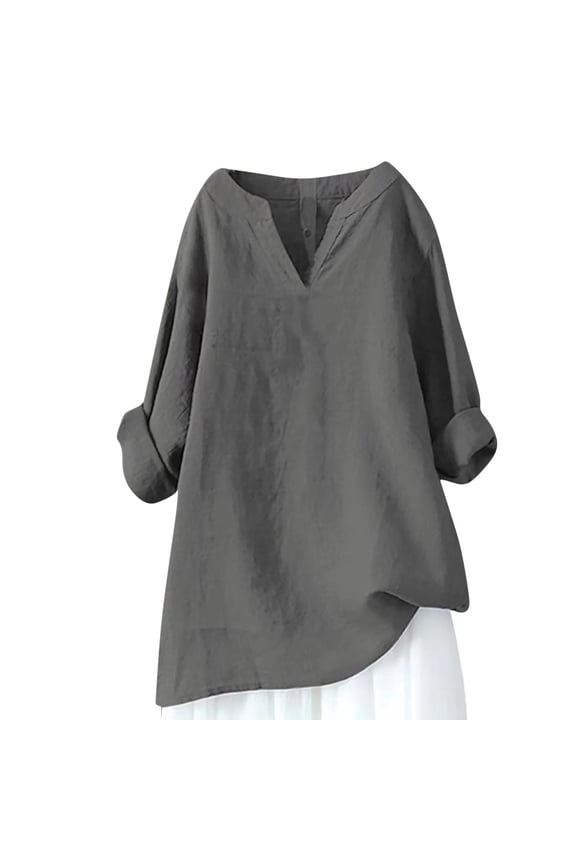 Long Sleeve Tops Women Linen T Shirts Ladies Plus Size Rolled Long Sleeve Tunic Tops Keyhole Neck Casual Blouse Elegant Office Shirts Work Pullover Blouse Loose Plain Shirts