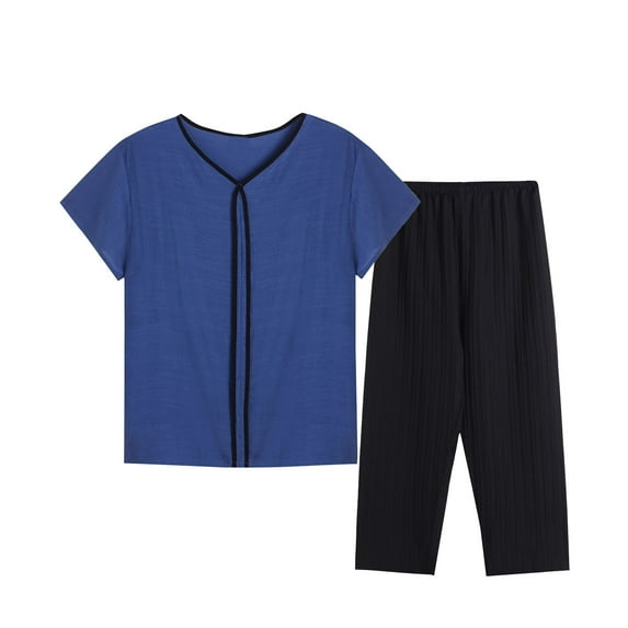 SincereX Nightwear Women 2 Piece Sleepwear Pajama Set Women Nightwear for Women Plus Size Cotton Linen Pajamas Two Piece Set Short Sleeve Round Neck Pajama Set Plain Tops Pants Set Navy 3XL