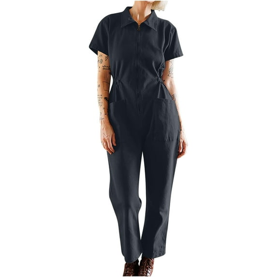 SincereX Plus Size Women Cotton Linen Jumpsuits Jumpsuit for Women Clearance Women's Casual Solid Pleated Waist Zip-Up Lapel Jumpsuit Pants Black L