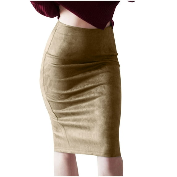 SincereX Skirts Clearance Skirts Women Trendy Full Length Suede Skirt with Split Deerskin Velvet Skirt with High Waist and Buttocks Beige M