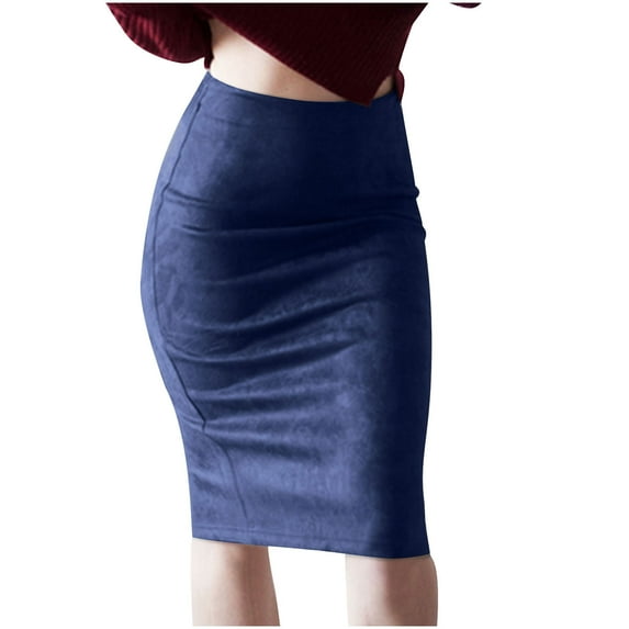 SincereX Skirts Clearance Skirts Women Trendy Full Length Suede Skirt with Split Deerskin Velvet Skirt with High Waist and Buttocks Navy S