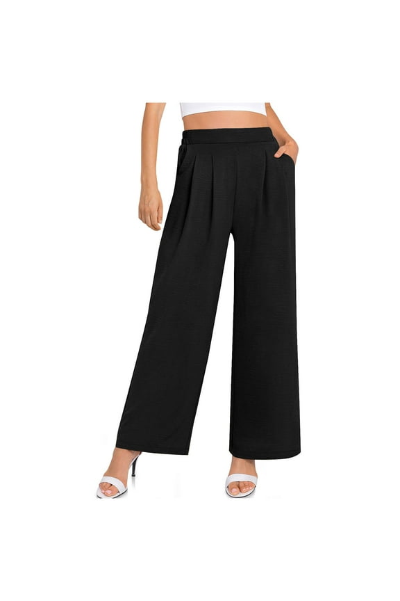 Straight Wide Leg Trousers for Women Crepe Pleated Pants Women Solid Summer Casual Trousers Joggers Sweatpants Half Elastic Waisted Trousers Solid Loose Trousers Holiday