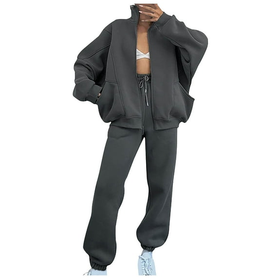 SincereX Sweatshirts Set for Women Full Zip Jacket With Trousers Suit Oversized Tracksuit Sets With Pocket Stand Collar Coats Joggers Sweatsuit Plain Casual Outfits Sportswear Gym Workout Sets