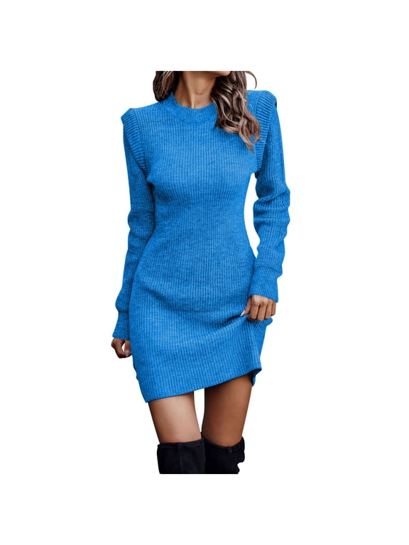Women Dress Casual Plus Size Women Dresses Women Casual Sleeve Solid Waist Round Neck Slimming Knitting Hip Wrap Dresses Sky Blue L