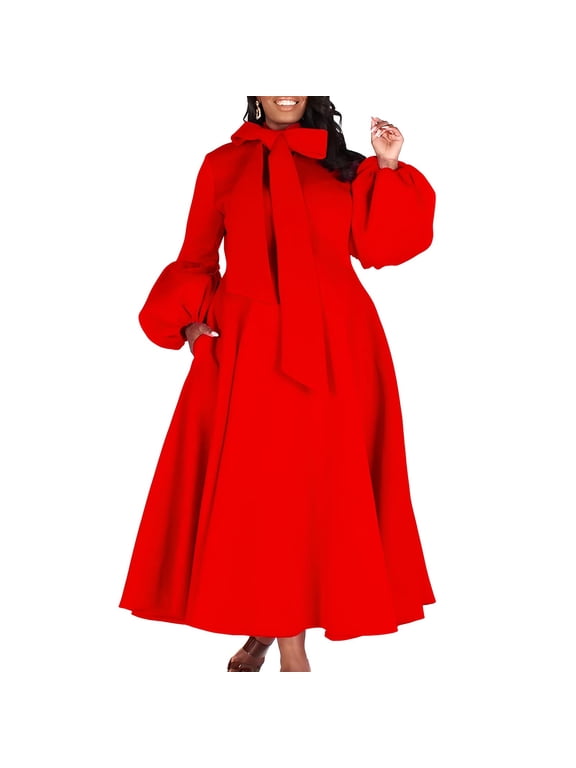 Womens Cocktail Dresses Plus Size Women's Evening Dress Women Versatile Fashion Long Sleeved Waist Retraction Solid Split 3/4 Sleeve Waist Wrapped Large Hem Long Dress Red XXL