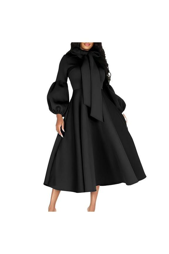 Womens Cocktail Dresses Plus Size Women's Evening Dress Women Versatile Fashion Long Sleeved Waist Retraction Solid Split 3/4 Sleeve Waist Wrapped Large Hem Long Dress Black 3XL