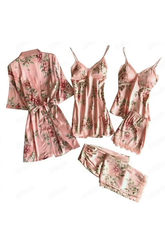 Womens Pyjamas Sets Night Wear Women Plus Size Ladies 5 Piece Satin Nightwear Set Printed Sleepwear Sets Womens Casual Pajamas Five Piece Lounge Wear Set Household Clothing Pink S