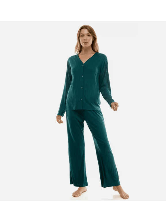 Women's 3-Piece Pointelle Pajama Set - Dark Green, Large