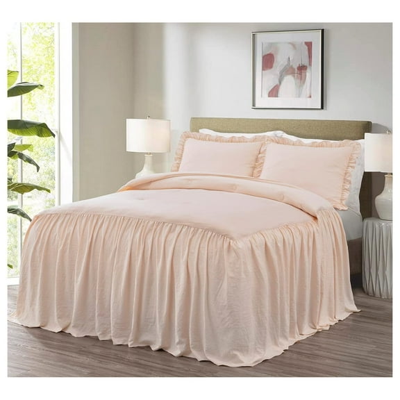 Sinclair 3-Piece Ruffle Skirt Bedspread Set - French Country Chic Farmhouse - King, Blush