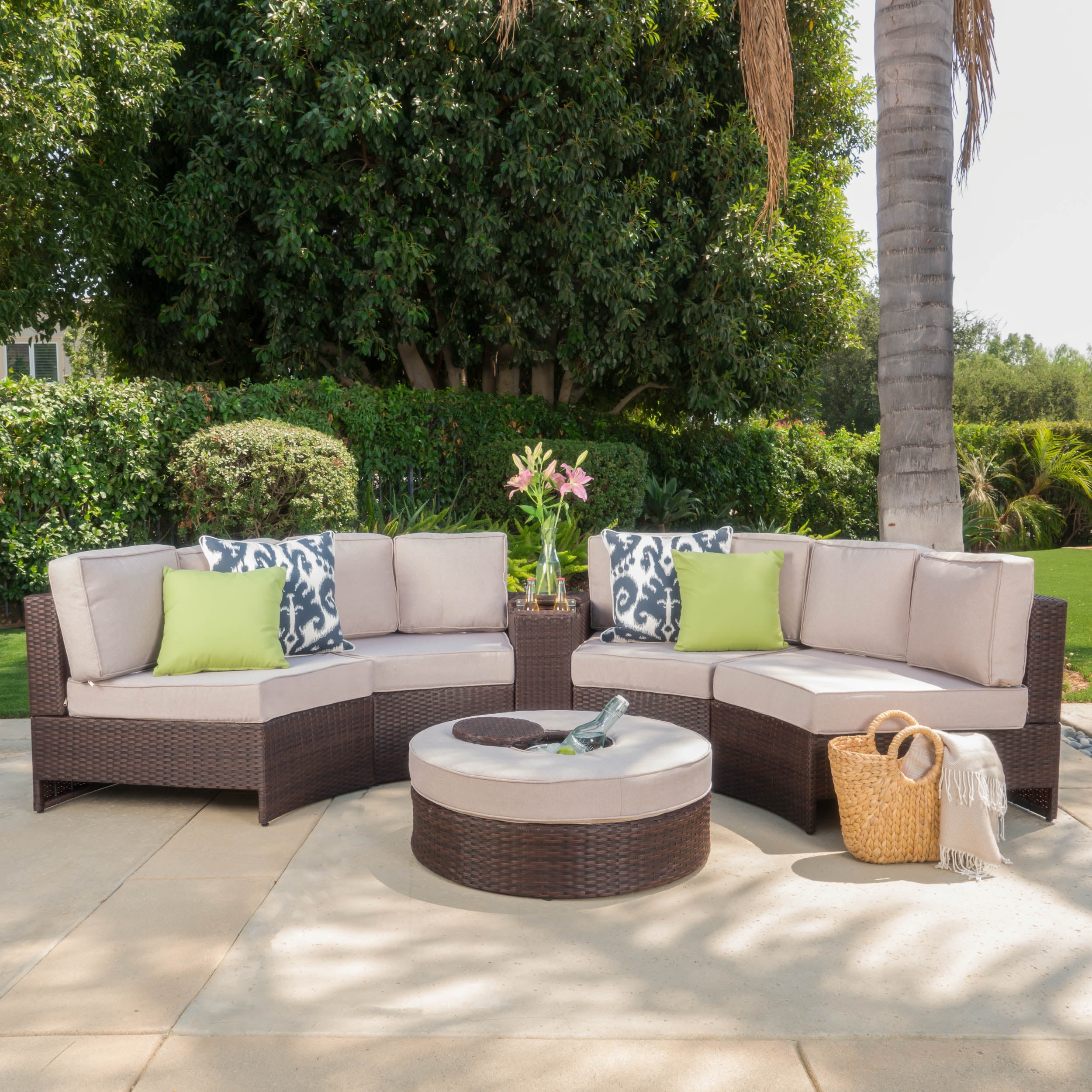 Sinclair 6 Piece Outdoor Wicker 1 2 Round Seating Set with Cushions and Ice Bucket Ottoman Brown Beige
