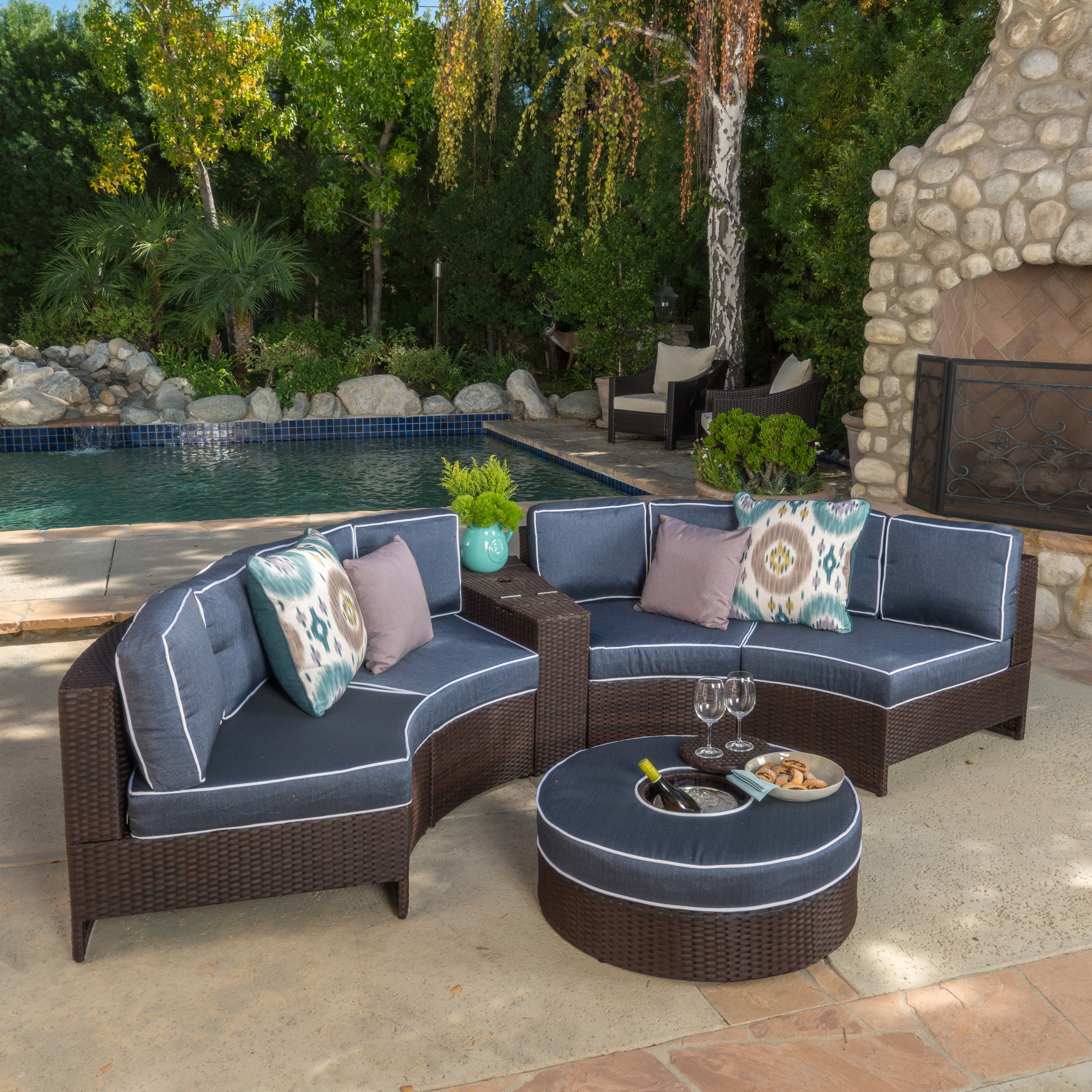 Sinclair 6 Piece Outdoor Wicker 1 2 Round Seating Set with Cushions and Ice Bucket Ottoman Brown Navy Blue