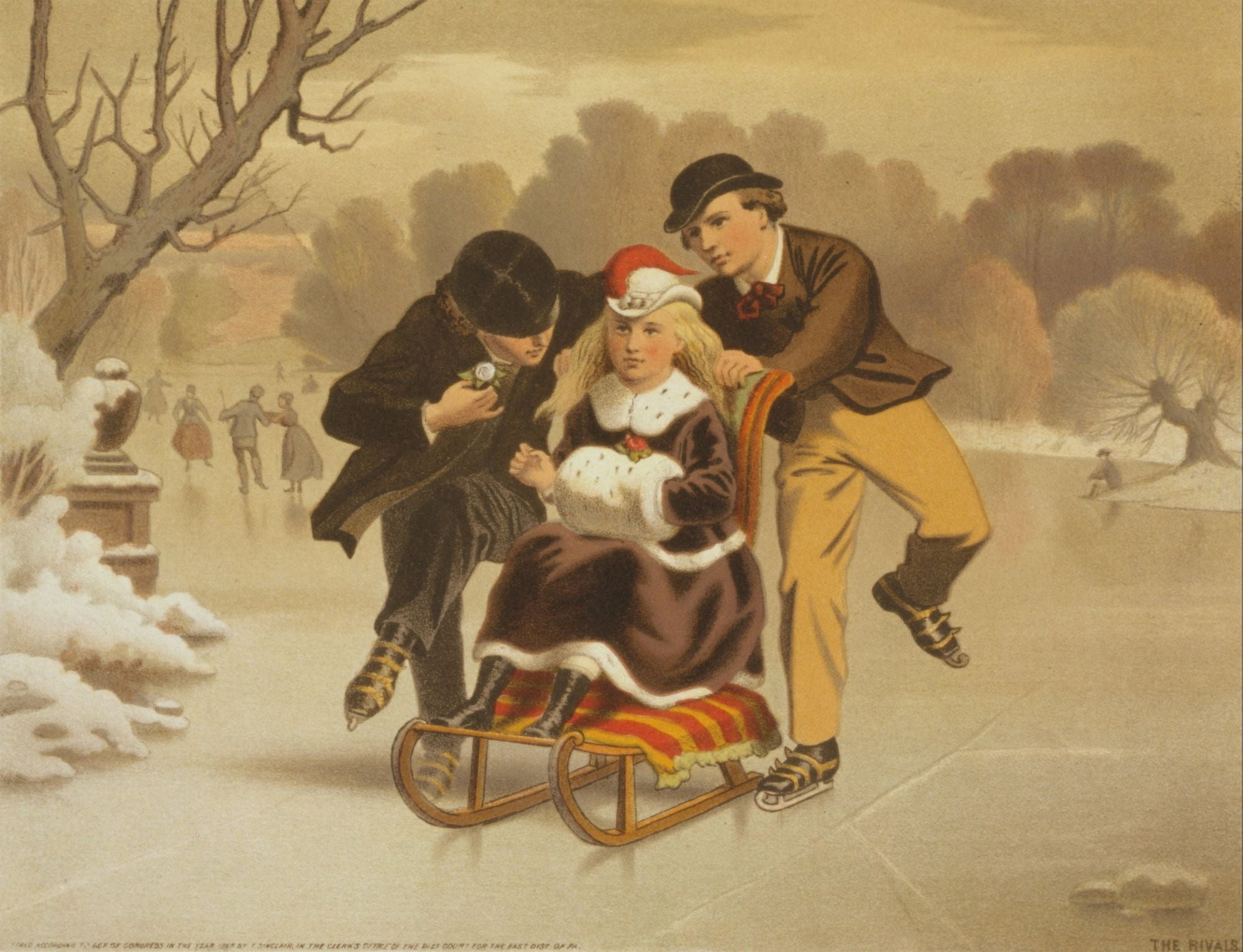 Sinclair Thomas S (c1805-1881) -The Rivals 1869 (2 boys with girl on sled) Canvas Art - Thomas S -The Rivals 1869 Sinclair (18 x 24)