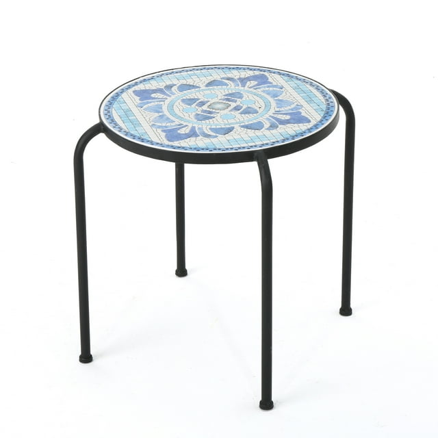 Sindarin Outdoor Ceramic Tile Round Side Table, Blue and White