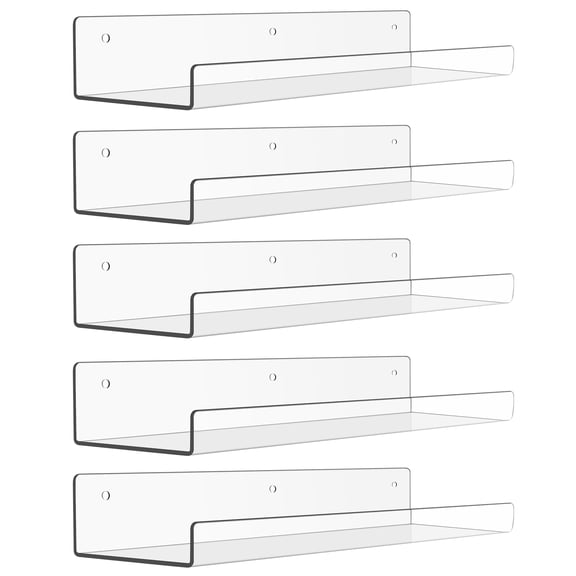 Sindcom 15" Acrylic Floating Shelves Wall Mounted, 5pack Clear Acrylic Shelves, for Bedroom, Living Room, Bathroom, Kitchen