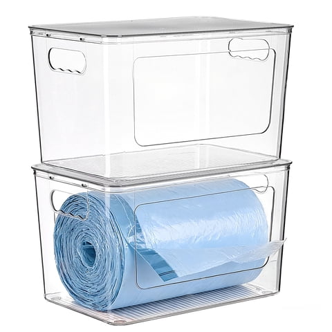 Sindcom Under Sink Trash Bag Holder & Dispenser, 2-Pack Stackable Organizer Bins for 13/30/33 Gallon Garbage Bags, Clear Storage for Kitchen, Laundry Room & Bathroom Organization