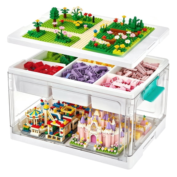 Sindcom 24 QT Plastic Storage Box with Building Baseplate Lid and Removable Tray, Toy and Craft Organizer for Art Supplies, Blocks, Beads, Sewing, 1 Pack