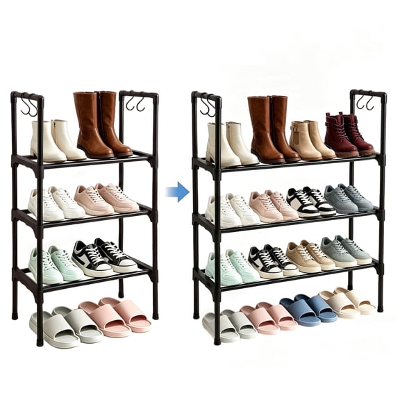 Sindcom 3 Tier Expandable Metal Shoe Rack with Hook, Shoe Organizer for Entryway Closet, Black