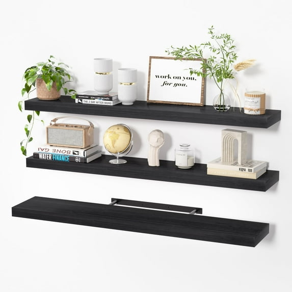 Sindcom 36in Floating Shelves with Invisible Brackets, Wall Mounted Rustic Wood Shelves Set of 3, Black