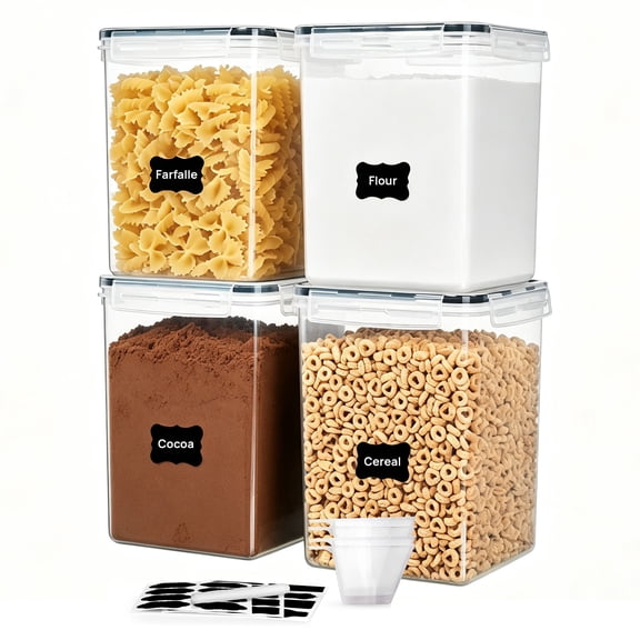Sindcom 4 PCS Large Food Storage Containers 5.2L / 175oz, 4 Pieces BPA Free Plastic Airtight Canisters for Flour, Sugar, Baking Supplies, Rice with Lids, 4 Measuring Cups and 24 Labels, Black